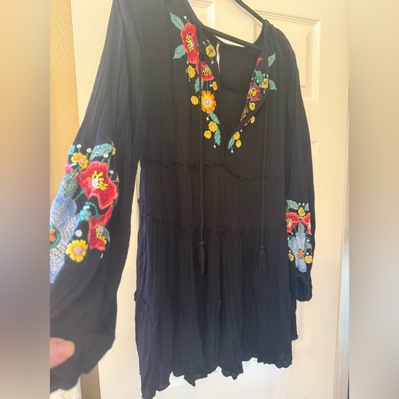 Free People Dresses & Skirts - Free People Black Tiered Top/Mini with Colorful Embroidery